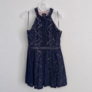 Blu Pepper Navy Lace Halter Dress L Nude Lining B8SD1112 Cocktail